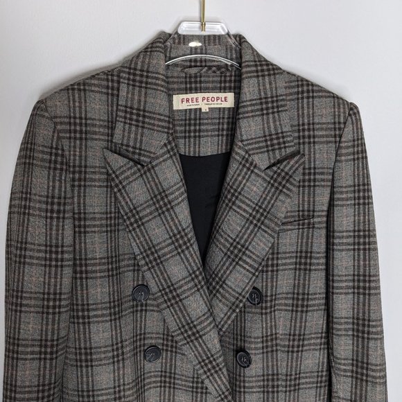 Free People Gray Tone Plaid Ashby Blazer Long Sleeve Double Breasted Size S - Picture 5 of 9